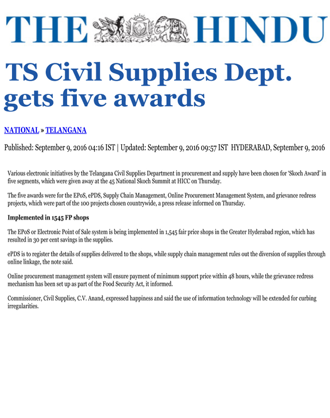 TS Civil Supplies Dept. gets five awards..